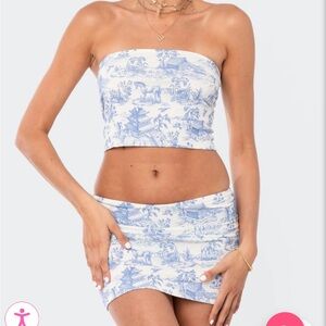 Edikted Delft Print Matching Set - Strapless Top and Skirt, XS